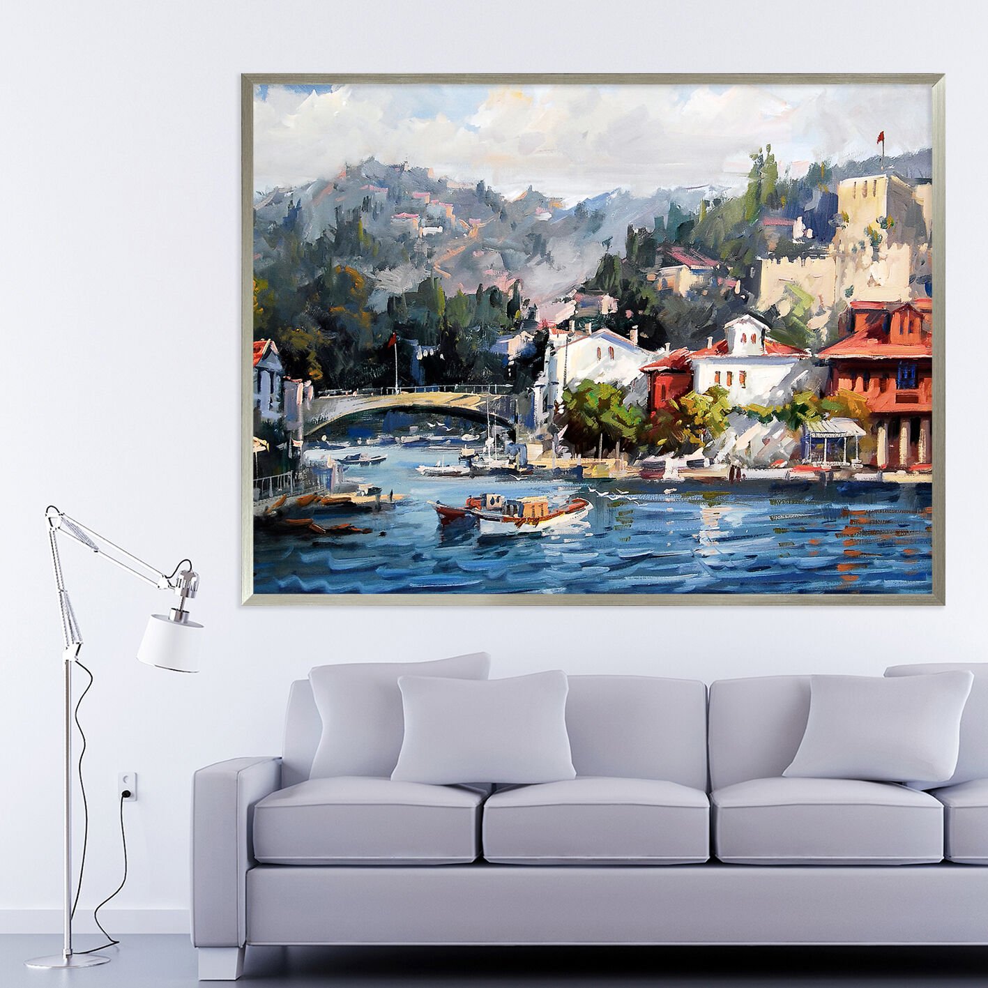 Maviyle Buluşan Şehir Manzara Dokulu Yağlıboya Tablo