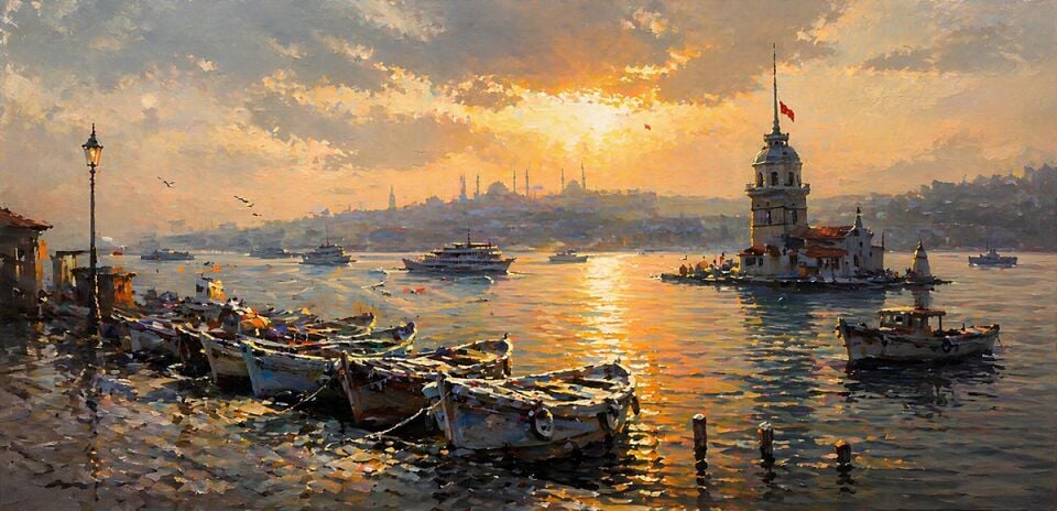 Gün Batımında Kız Kulesi Tablo – Dokulu Yağlıboya