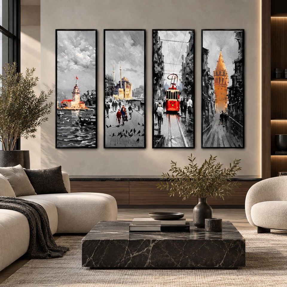 İstanbul'un İzleri 4'lü Dokulu Yağlıboya Tablo Seti