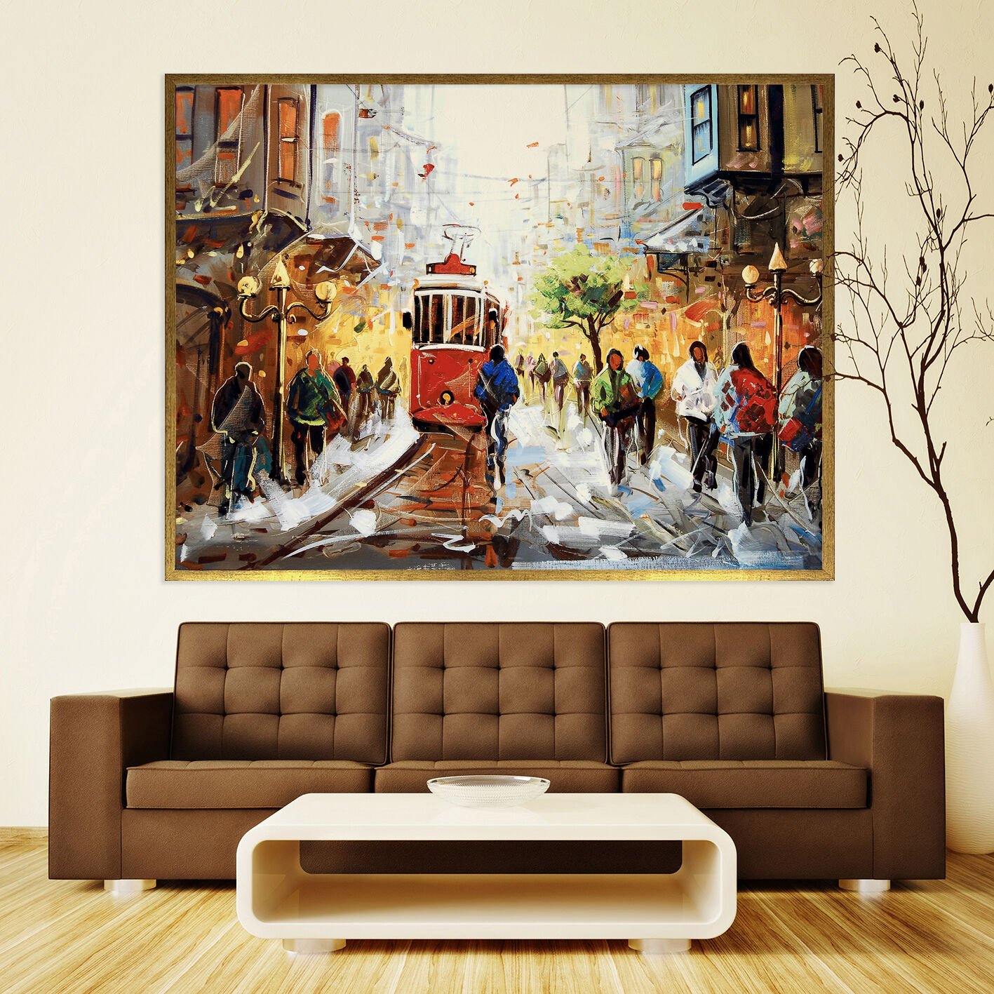 Kalabalığın İçindeki Yol Manzara Dokulu Yağlıboya Tablo