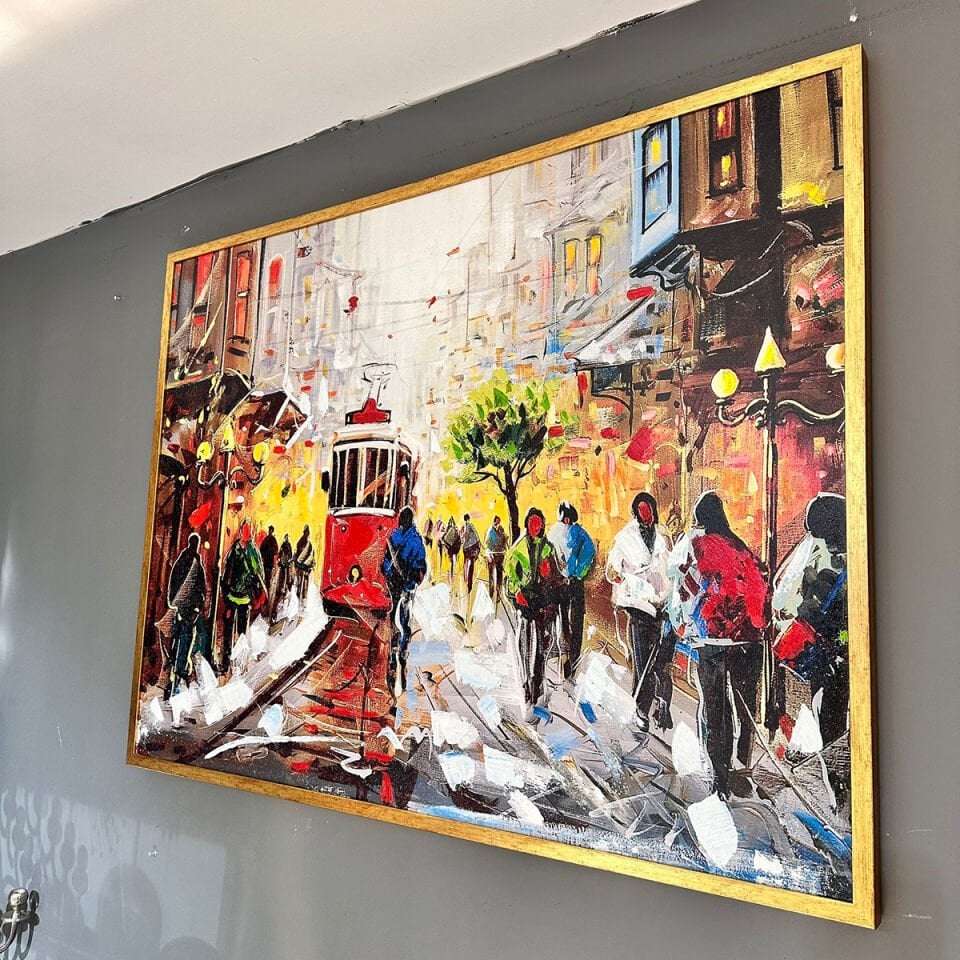 Kalabalığın İçindeki Yol Manzara Dokulu Yağlıboya Tablo