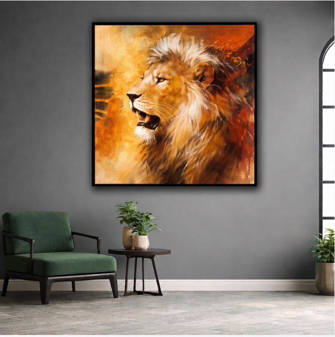 Dokulu Yağlı Boya Aslan Tablosu – Modern Aslan Portresi Duvar Tablosu