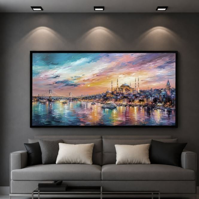 Boğazda Renkli Akşam İstanbul Tablo – Dokulu Yağlıboya