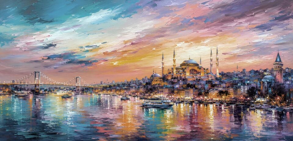 Boğazda Renkli Akşam İstanbul Tablo – Dokulu Yağlıboya