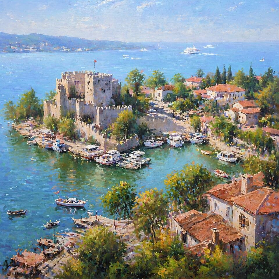 Dokulu Yağlı Boya İstanbul Manzara Tablosu – Boğaz ve Rumeli Hisarı