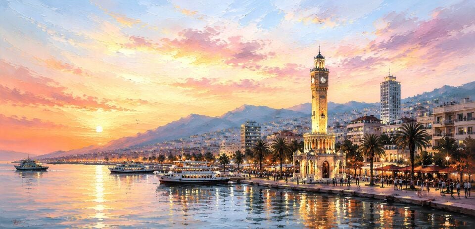 İzmir Tablo Saat Kulesi Gün Batımı – Dokulu Yağlıboya