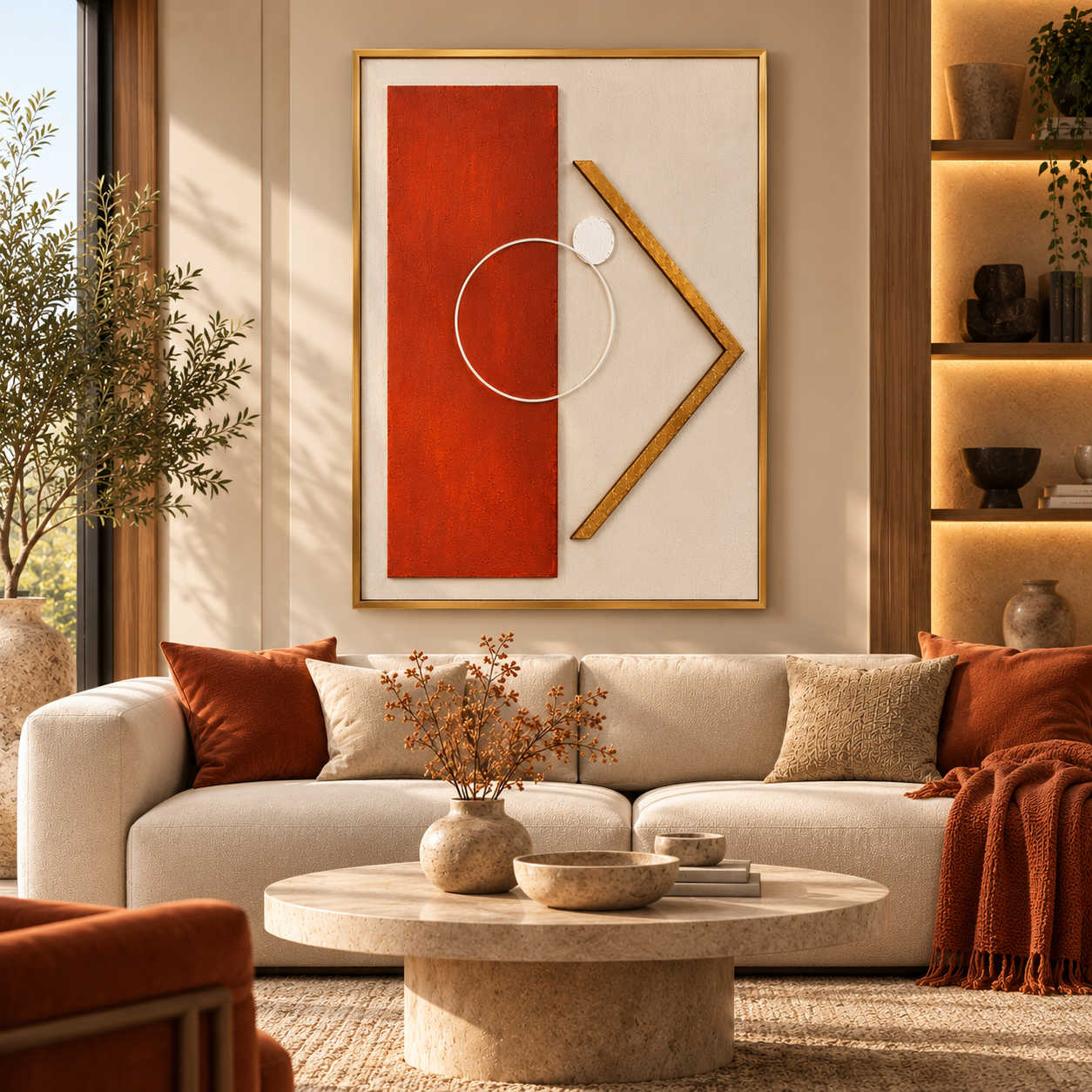 Terrakota Denge Minimalist Geometrik 3D Dokulu Yağlı Boya Tablo