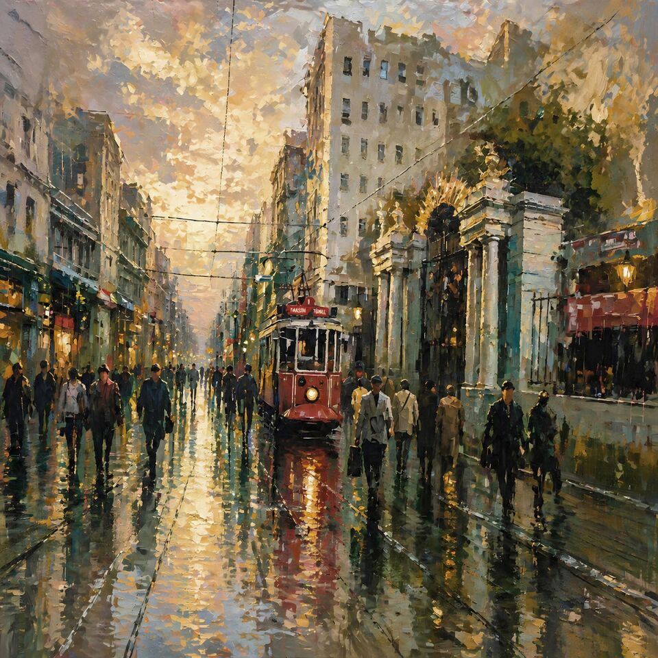 Dokulu Yağlı Boya Galata Tramvay Tablosu – İstiklal Caddesi İstanbul Manzarası