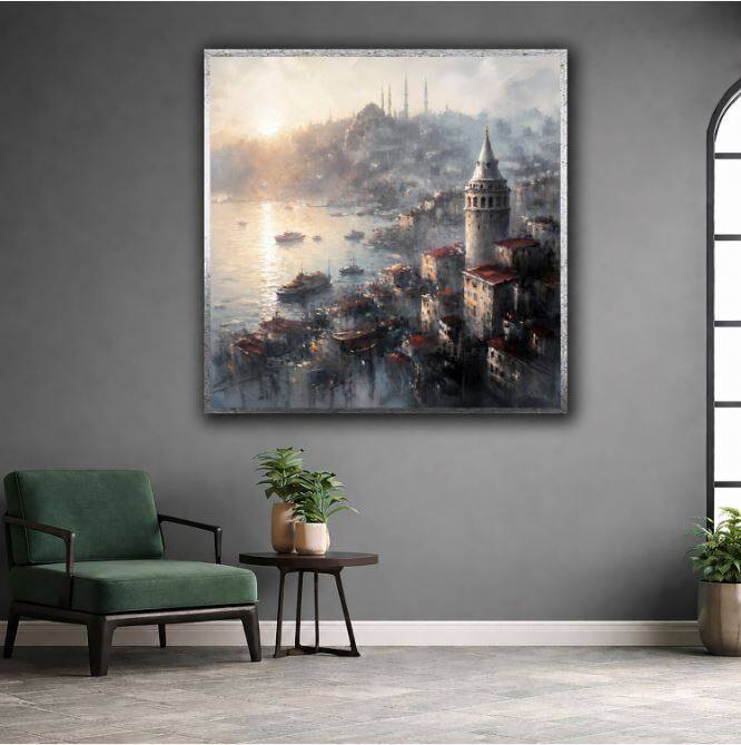 Dokulu Yağlı Boya Galata Kulesi Tablosu – İstanbul Silüeti ve Haliç Manzarası