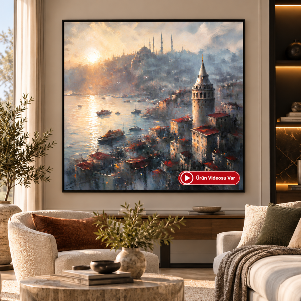 Dokulu Yağlı Boya Galata Kulesi Tablosu – İstanbul Silüeti ve Haliç Manzarası