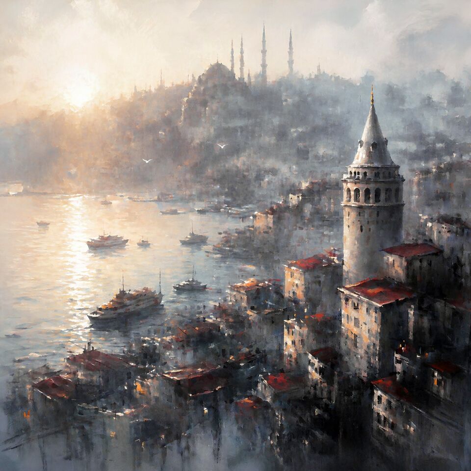 Dokulu Yağlı Boya Galata Kulesi Tablosu – İstanbul Silüeti ve Haliç Manzarası