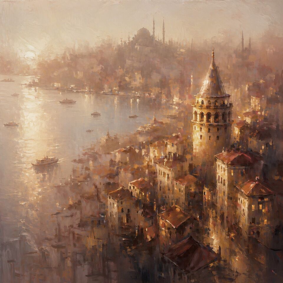Dokulu Yağlı Boya Galata Kulesi Tablosu – Gün Batımında İstanbul Silüeti
