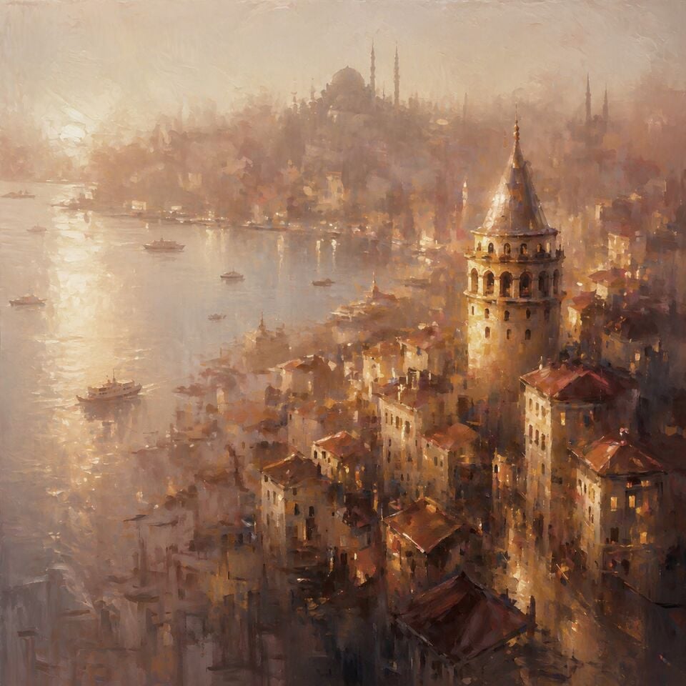 Dokulu Yağlı Boya Galata Kulesi Tablosu – Gün Batımında İstanbul Silüeti