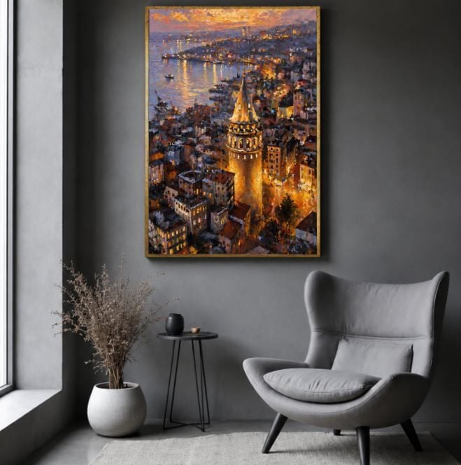 Galata Kulesi Dokulu Yağlı Boya Tablo – İstanbul Işıkları