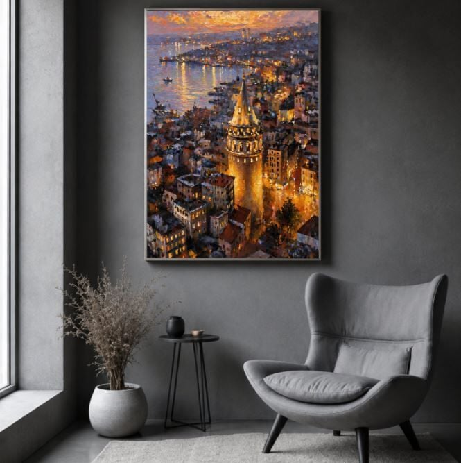 Galata Kulesi Dokulu Yağlı Boya Tablo – İstanbul Işıkları