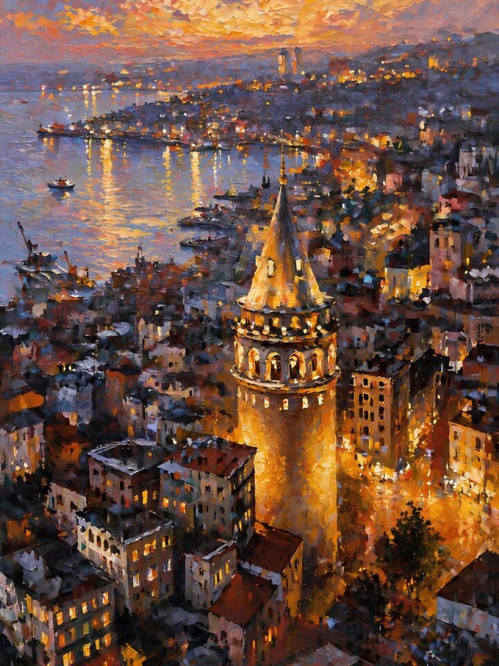 Galata Kulesi Dokulu Yağlı Boya Tablo – İstanbul Işıkları