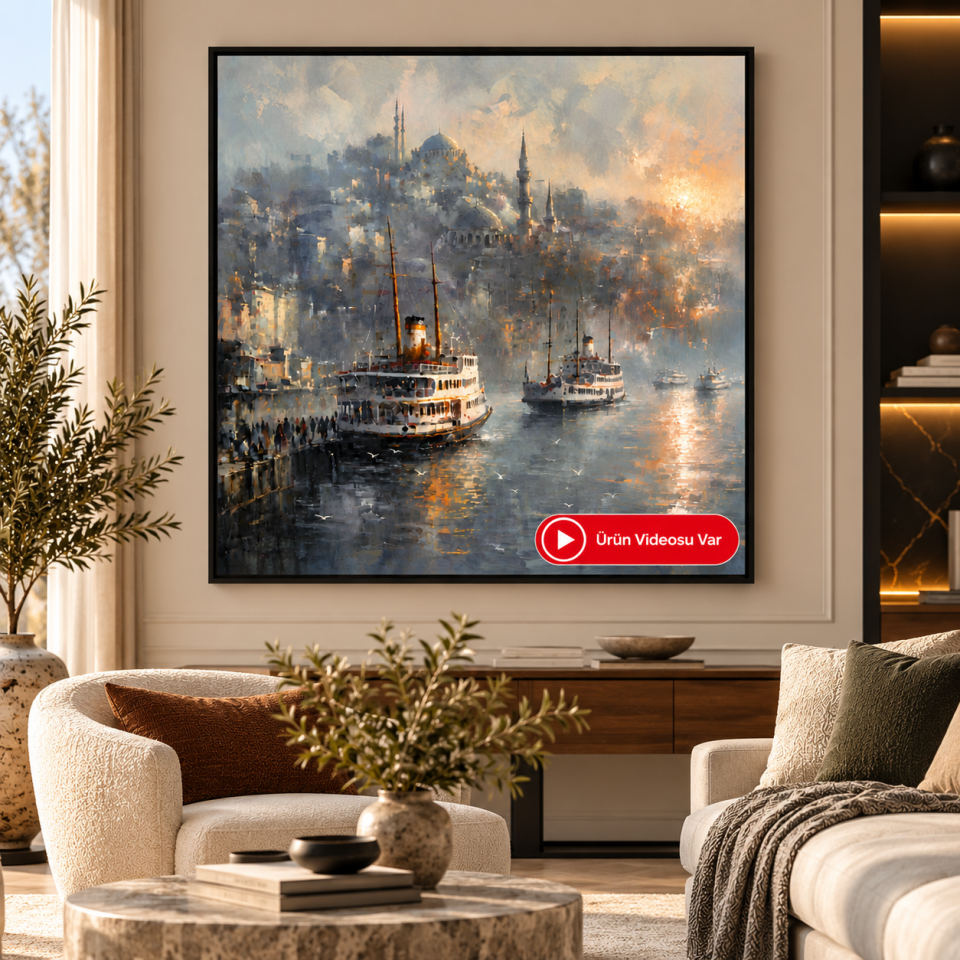Dokulu Yağlı Boya İstanbul Vapur Tablosu – Boğaz ve Tarihi Yarımada Manzarası