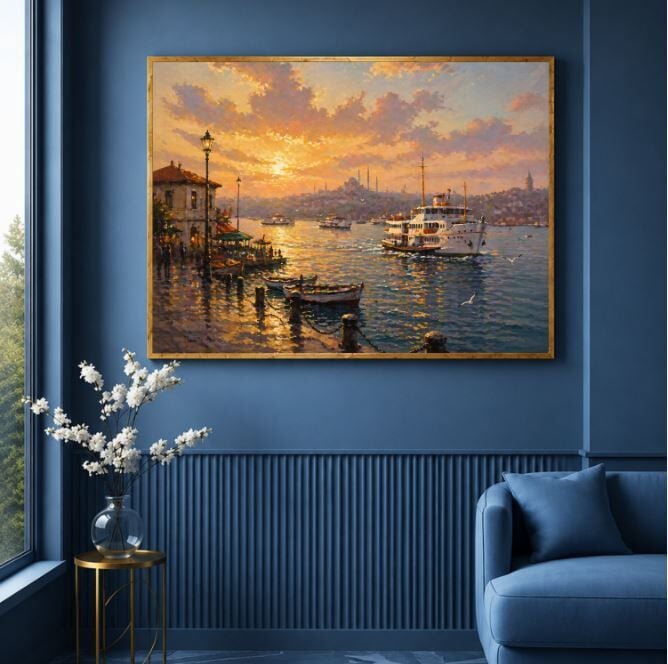 İstanbul Boğazı Dokulu Yağlı Boya Tablo – Akşam Vapuru