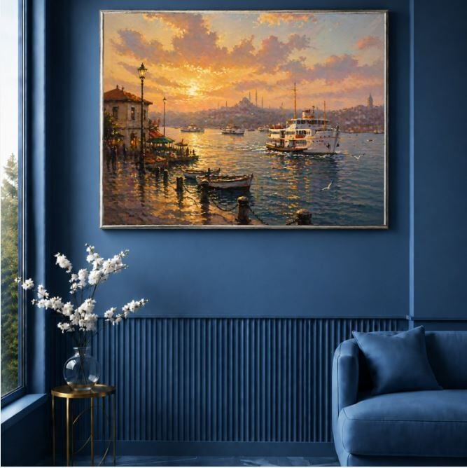 İstanbul Boğazı Dokulu Yağlı Boya Tablo – Akşam Vapuru