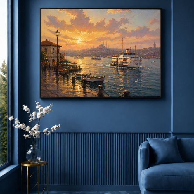 İstanbul Boğazı Dokulu Yağlı Boya Tablo – Akşam Vapuru