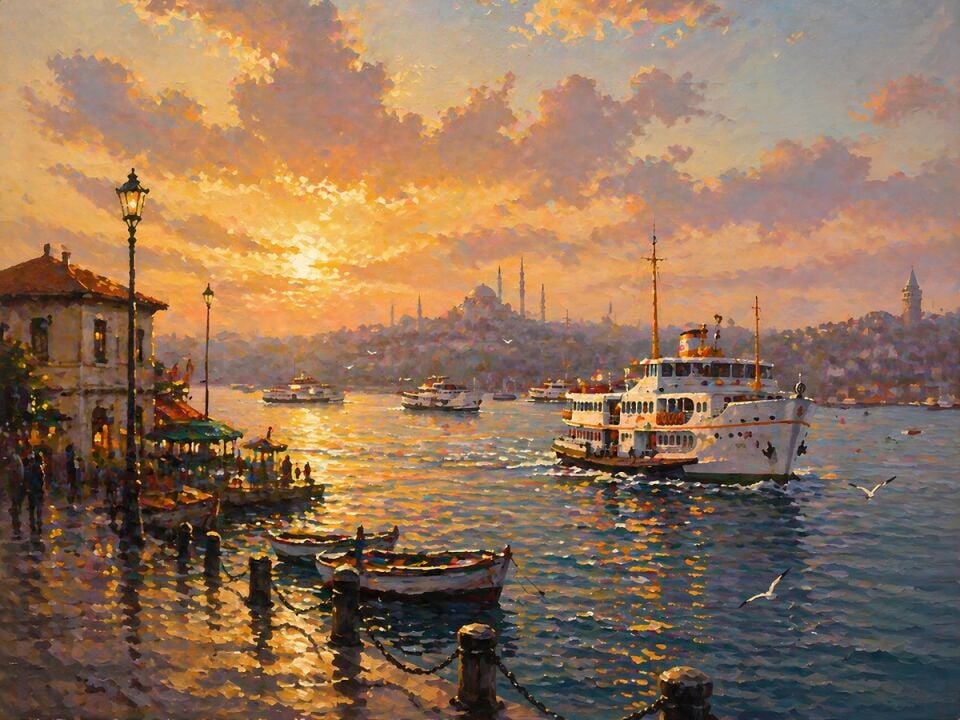 İstanbul Boğazı Dokulu Yağlı Boya Tablo – Akşam Vapuru