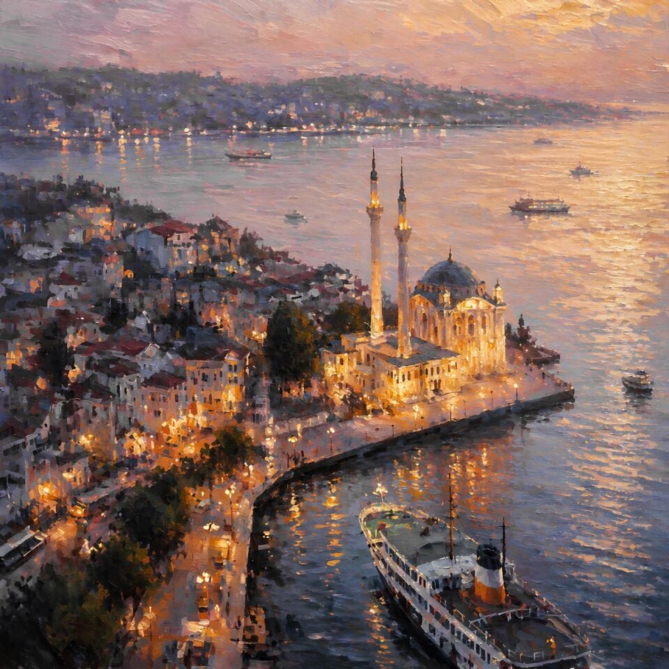 Dokulu Yağlı Boya Ortaköy Camii Tablosu – İstanbul Boğazı Gün Batımı Manzarası