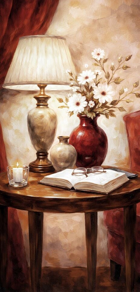 Dekoratif Yağlıboya Tablo – Kitap ve Beyaz Çiçekler