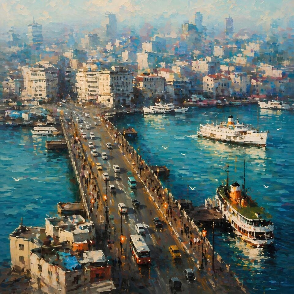 Dokulu Yağlı Boya Galata Köprüsü Tablosu – İstanbul Boğazı ve Vapur Manzarası