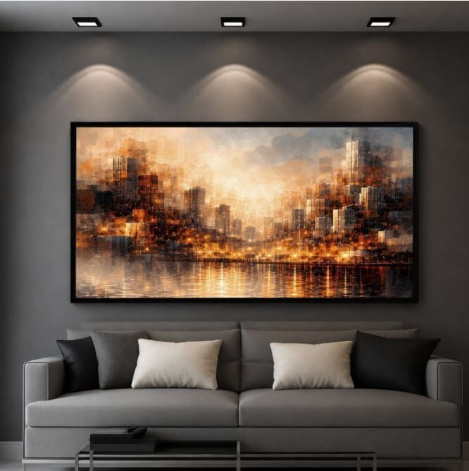 Modern Şehir Tablosu – Işıklı Kent Dokulu Yağlıboya