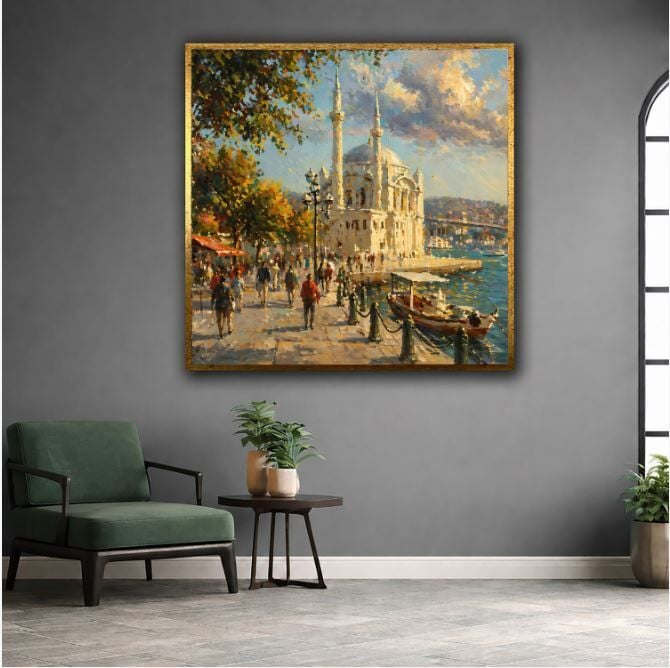 Dokulu Yağlı Boya Ortaköy Camii Tablosu – İstanbul Boğazı Sahil Manzarası