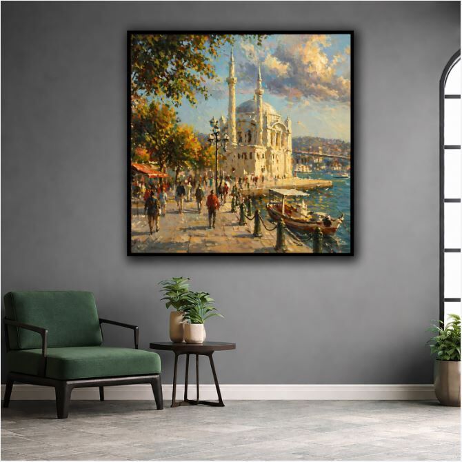 Dokulu Yağlı Boya Ortaköy Camii Tablosu – İstanbul Boğazı Sahil Manzarası