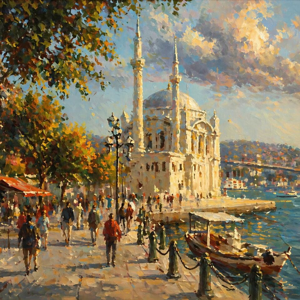Dokulu Yağlı Boya Ortaköy Camii Tablosu – İstanbul Boğazı Sahil Manzarası