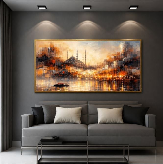 İstanbul Şehir Tablosu – Boğaz ve Cami Dokulu Yağlıboya
