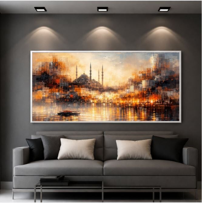 İstanbul Şehir Tablosu – Boğaz ve Cami Dokulu Yağlıboya