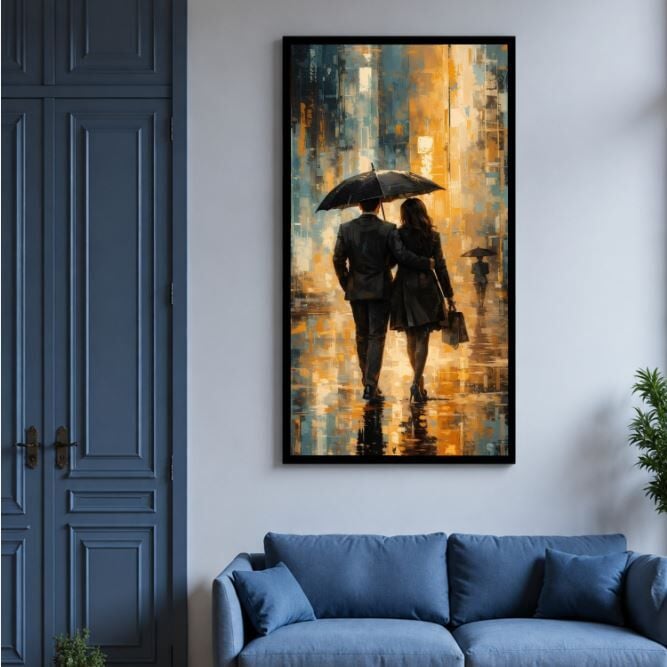 Romantik Yağlıboya Tablo – Yağmurda Şemsiyeli Çift
