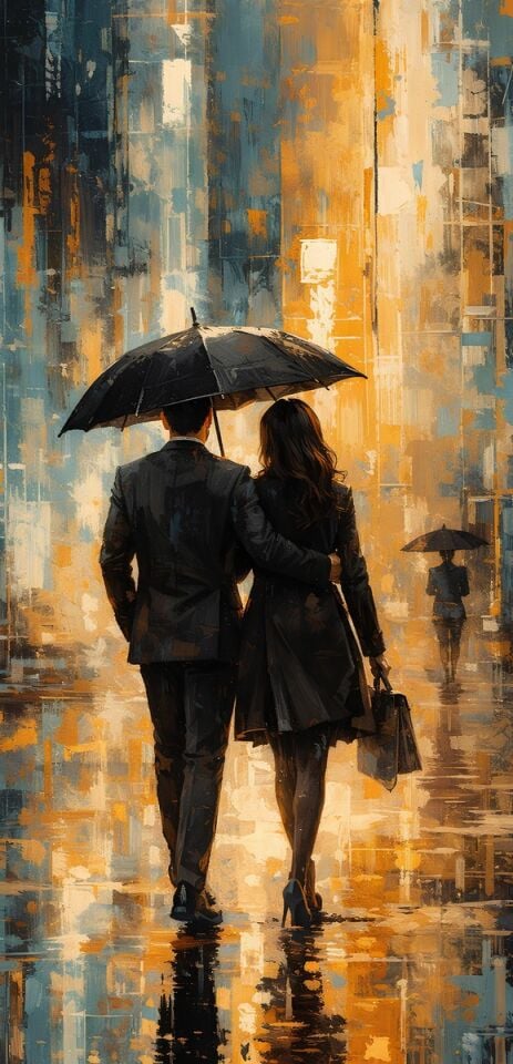 Romantik Yağlıboya Tablo – Yağmurda Şemsiyeli Çift