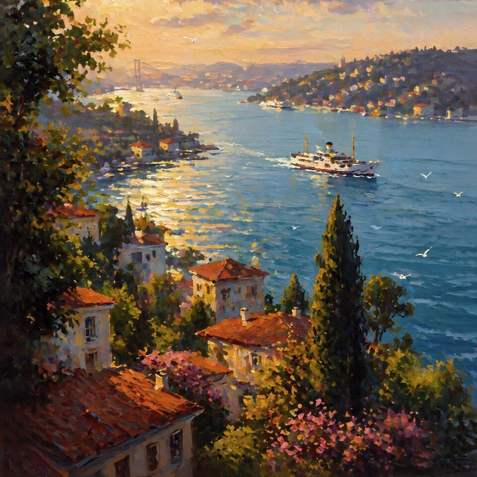 İstanbul Boğaz Tablosu Gün Batımı Dokulu Yağlı Boya