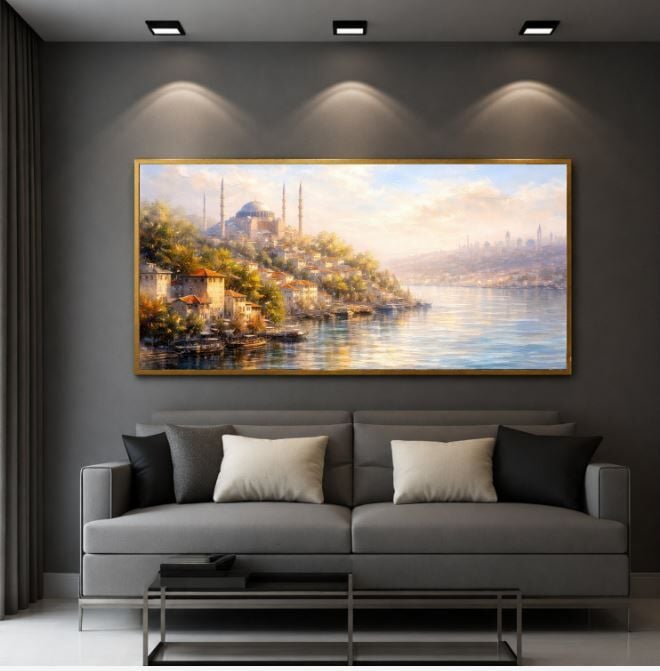 İstanbul Manzarası Tablo – Boğaz ve Cami Dokulu Yağlıboya