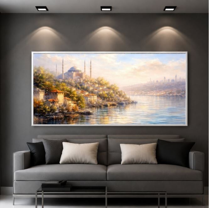 İstanbul Manzarası Tablo – Boğaz ve Cami Dokulu Yağlıboya