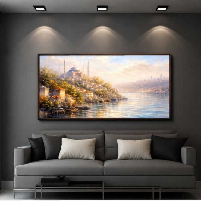 İstanbul Manzarası Tablo – Boğaz ve Cami Dokulu Yağlıboya