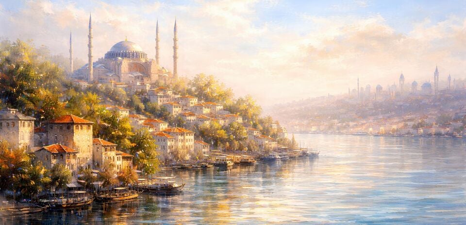 İstanbul Manzarası Tablo – Boğaz ve Cami Dokulu Yağlıboya