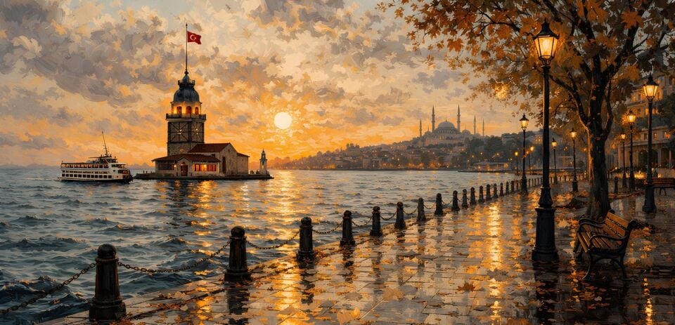 Kız Kulesi Tablosu – Sonbaharda İstanbul Dokulu Yağlıboya