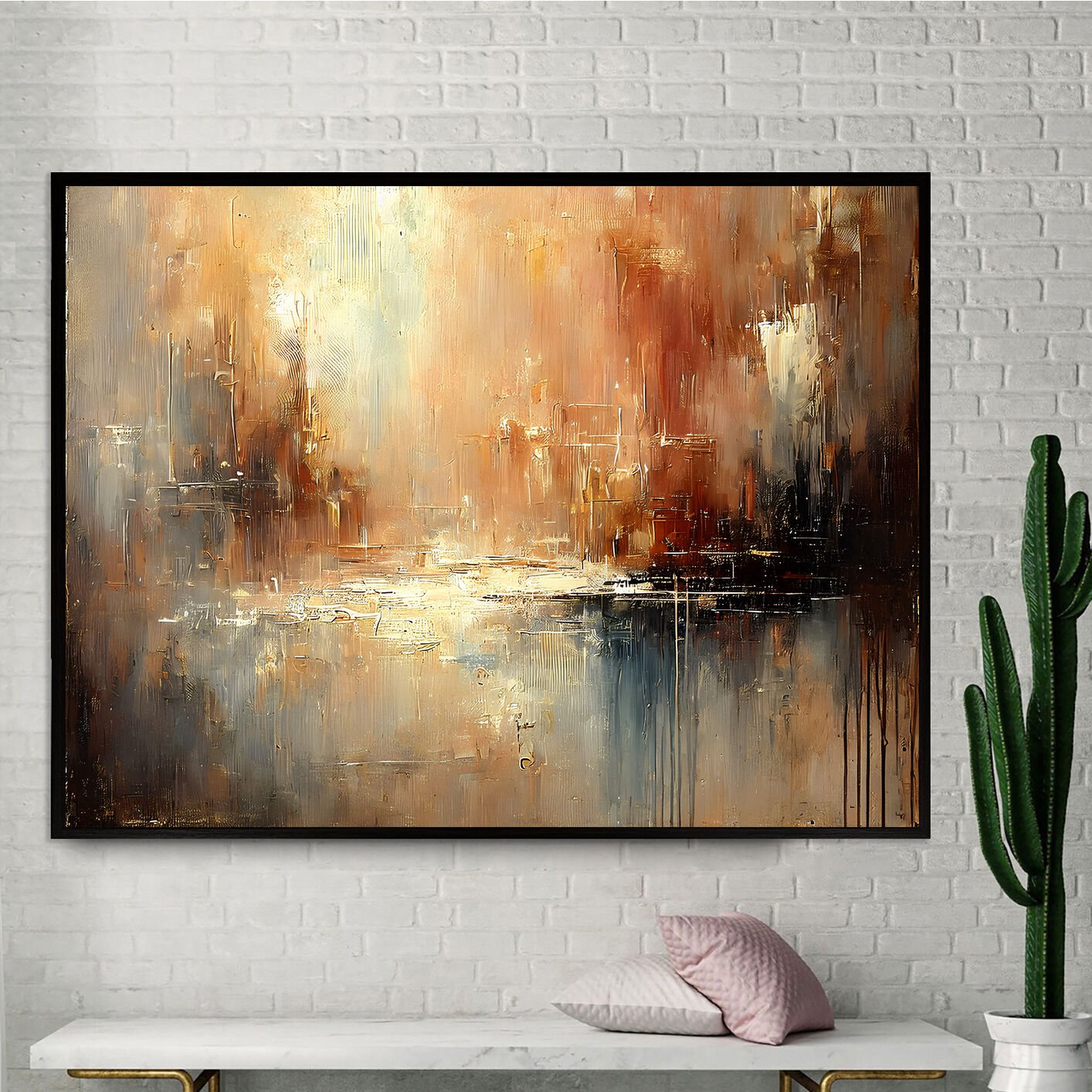 Soyut Kent Işıkları Soyut Dokulu Yağlıboya Tablo