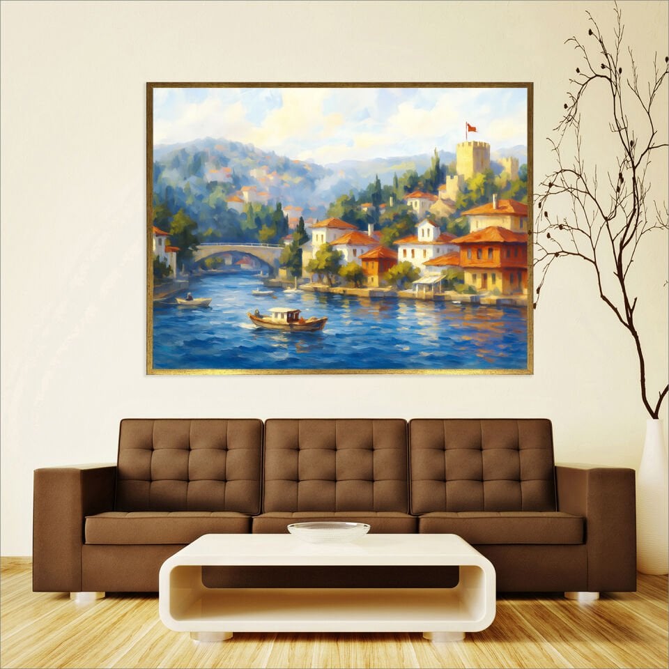 Maviyle Buluşan Evler Manzara Dokulu Yağlıboya Tablo