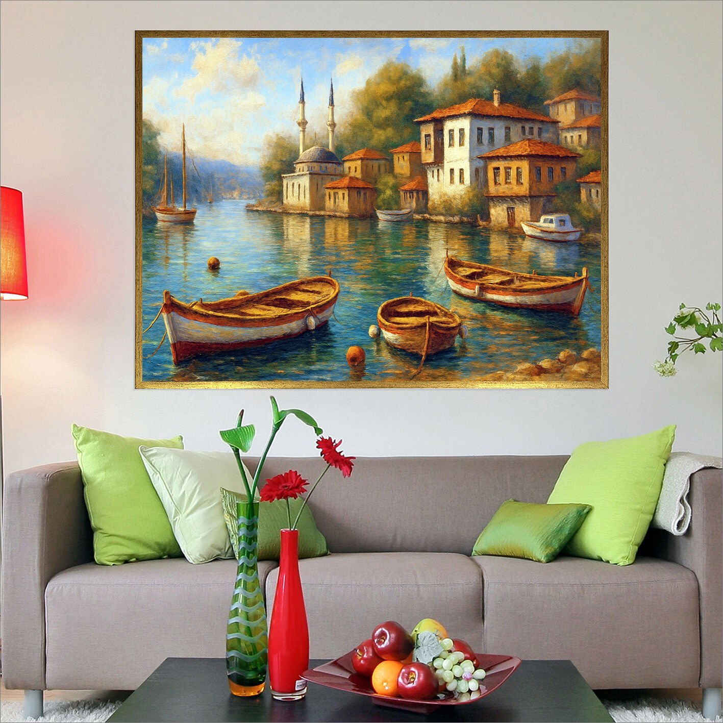 Sahil Kasabasında Sabah Manzara Dokulu Yağlıboya Tablo