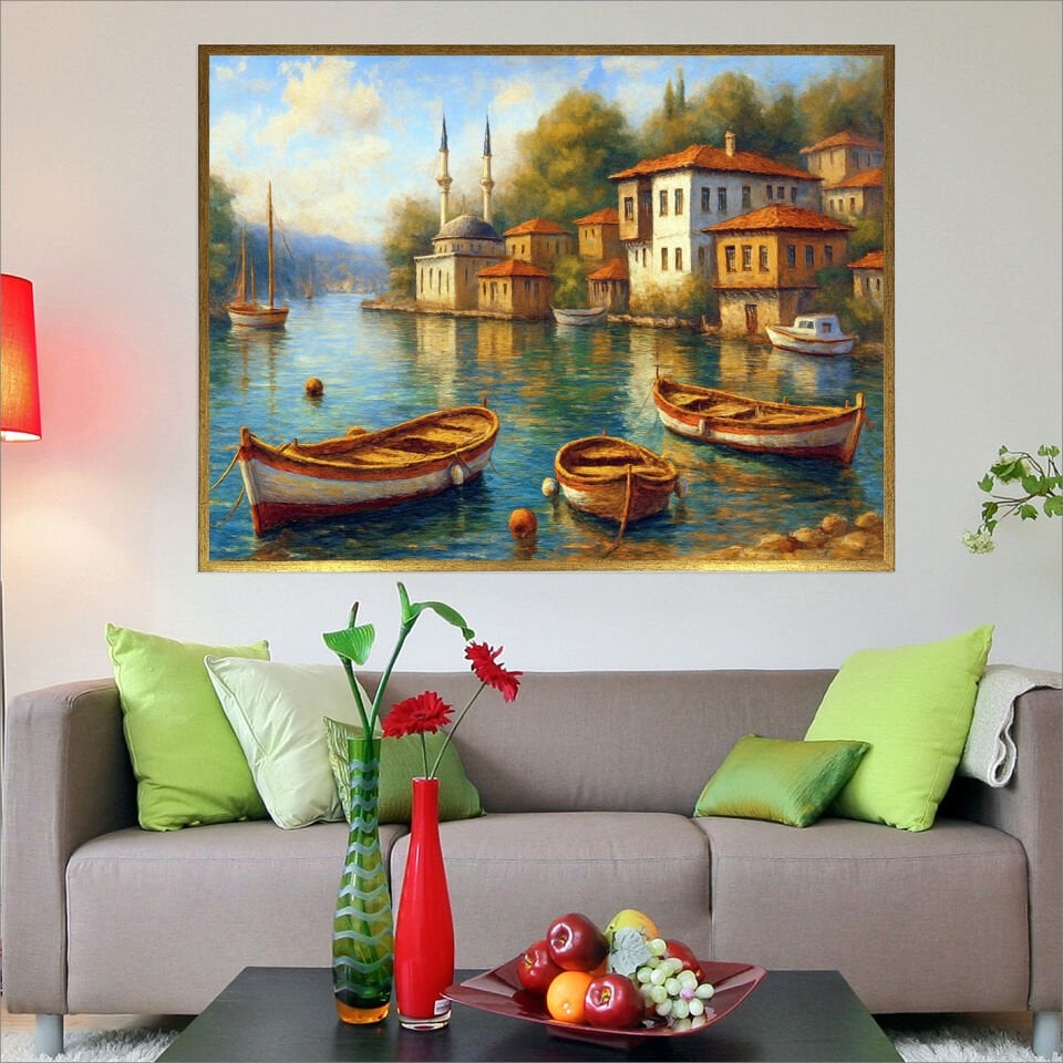 Sahil Kasabasında Sabah Manzara Dokulu Yağlıboya Tablo