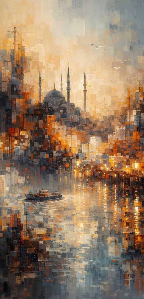 İstanbul Yağlıboya Tablo – Cami ve Vapur Şehir Manzarası