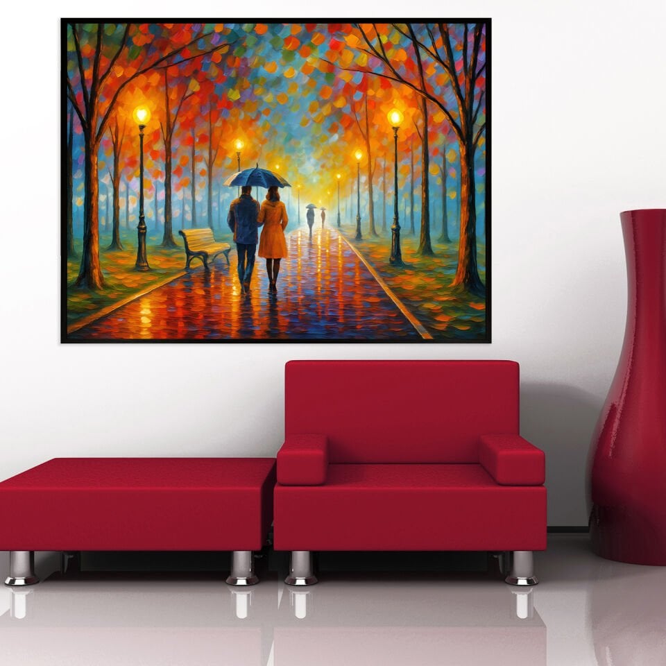 Sonbaharda Birlikte Manzara Dokulu Yağlıboya Tablo