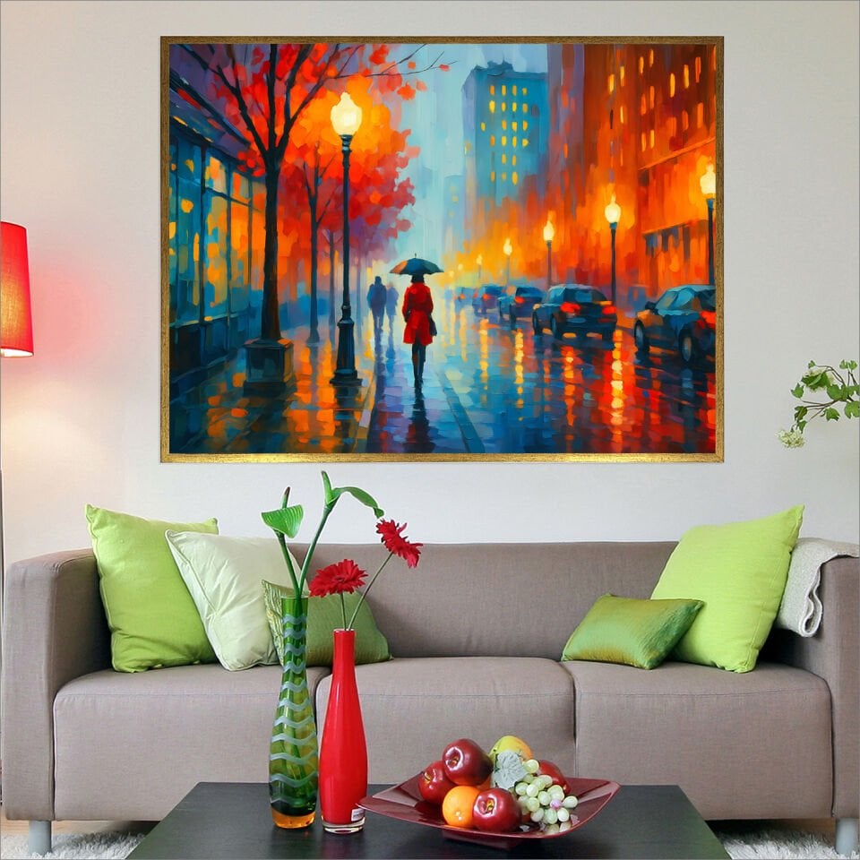 Yağmur ve Şehir Manzara Dokulu Yağlıboya Tablo