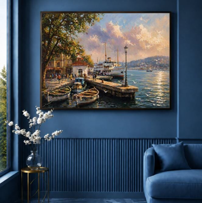 İstanbul Vapur Manzaralı Dokulu Yağlı Boya Tablo